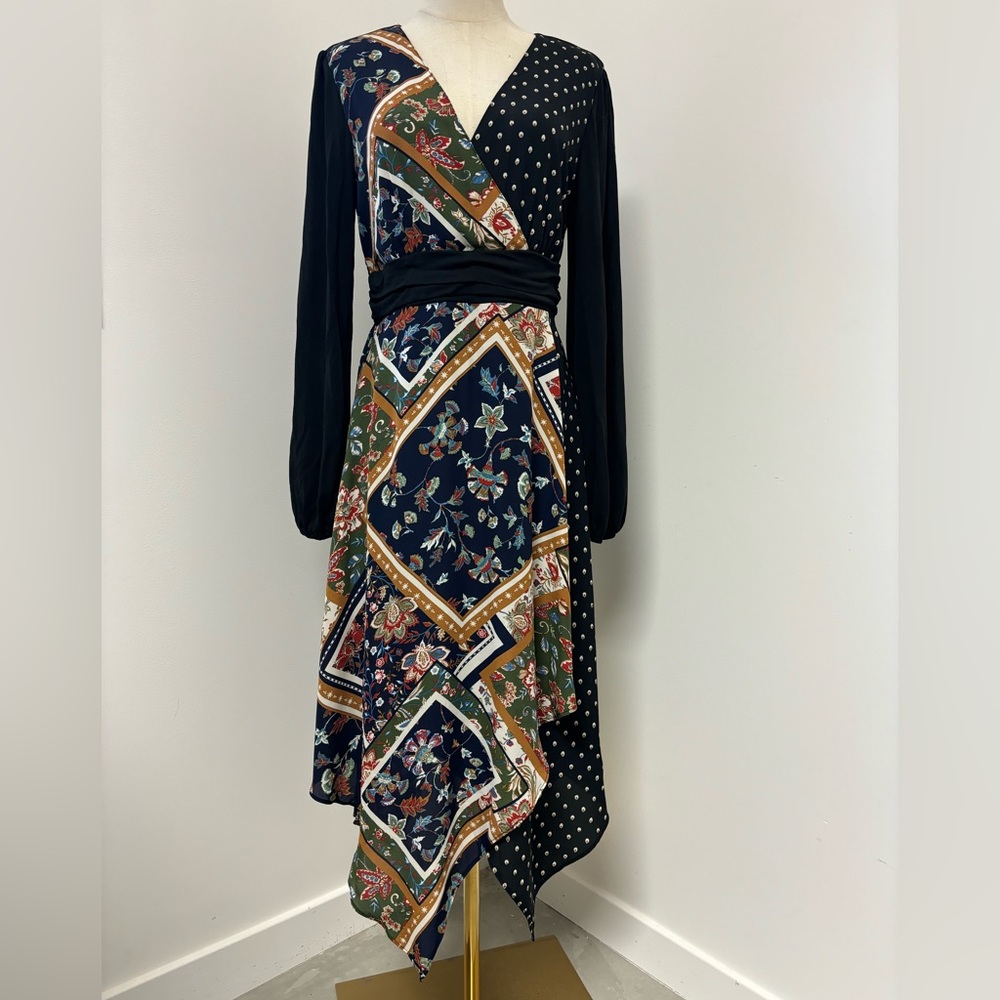 Mystree Vneck Long Sleeve Multicolor Mixed Pattern Midi Dress